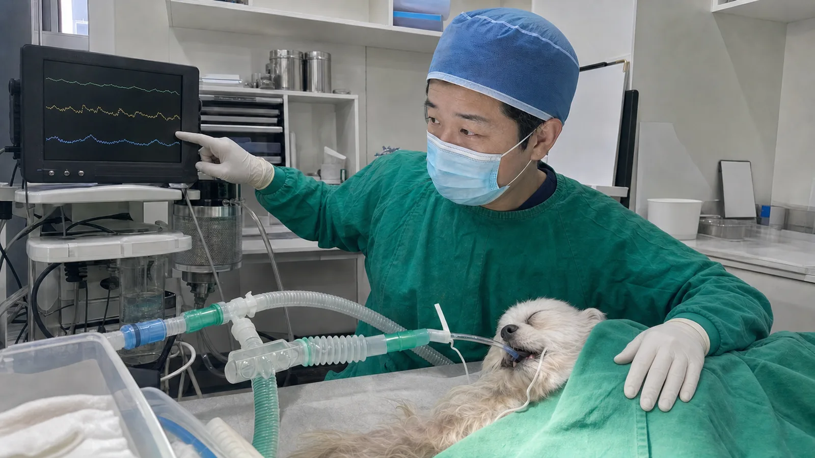 마취 감시 장치의 파형을 확인하는 수술복 차림의 수의사와 기관 튜브를 문 환자