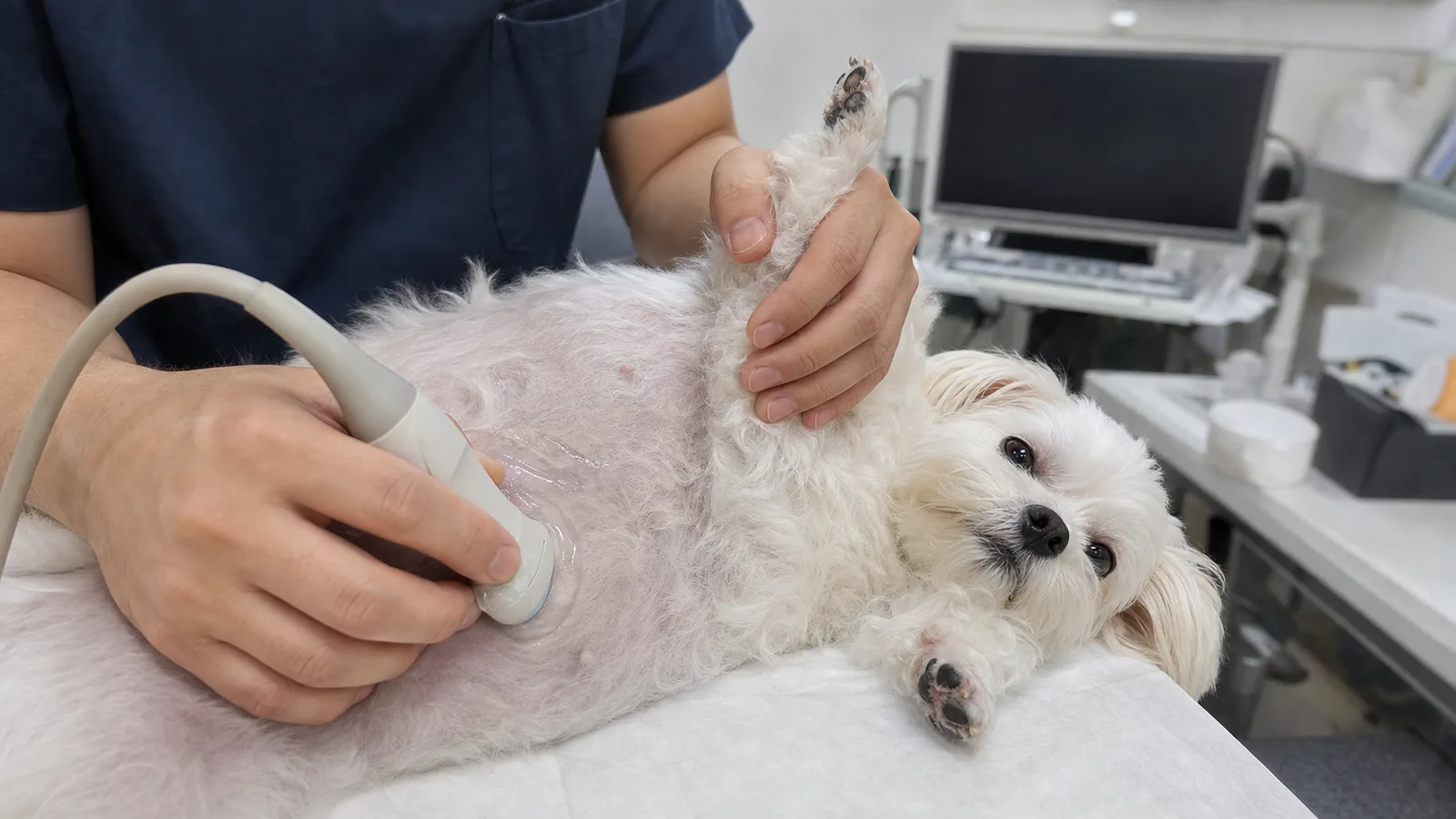 털을 깎은 소형견의 배에 초음파 프로브를 대고 검사하는 모습