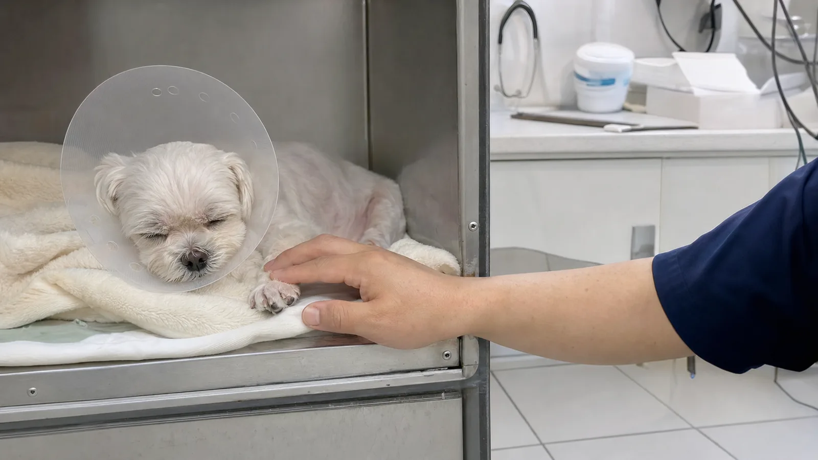 넥카라를 쓴 흰 소형견이 입원 케이지 안에서 회복하는 모습