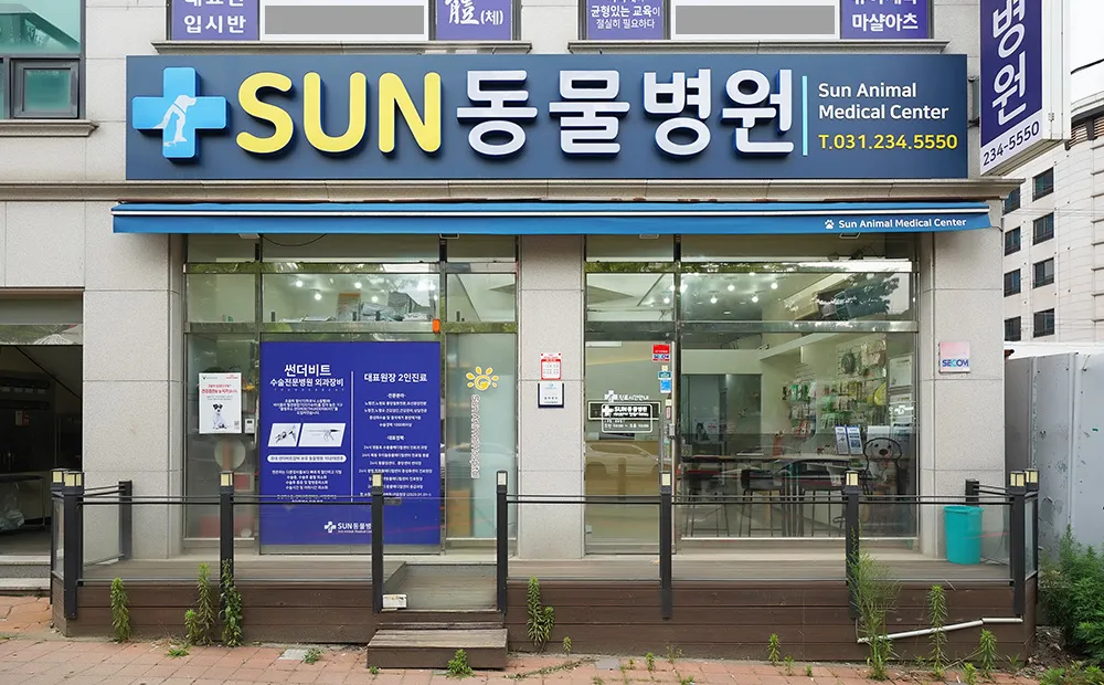 파란 간판이 달린 SUN동물병원 건물 외관과 출입구