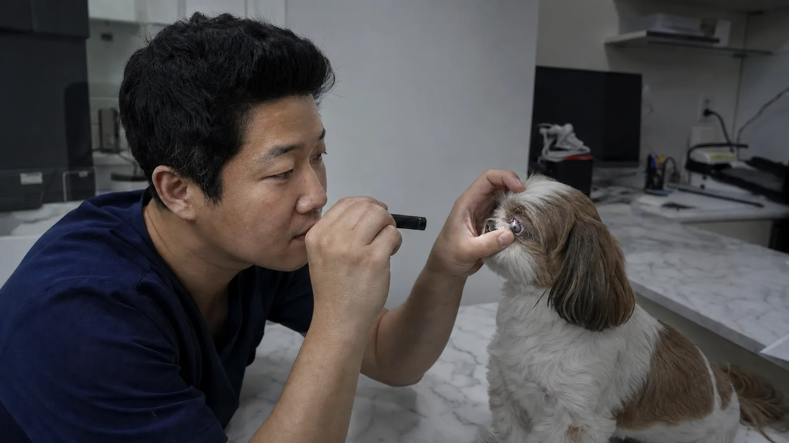 펜라이트로 강아지의 눈을 비추어 확인하는 수의사