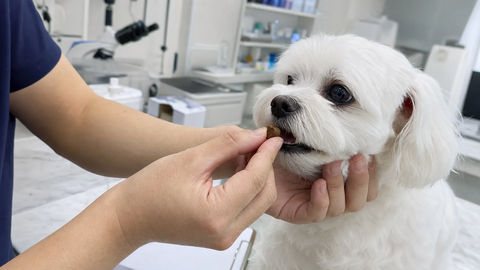 흰색 소형견의 입을 벌려 약을 먹이는 손