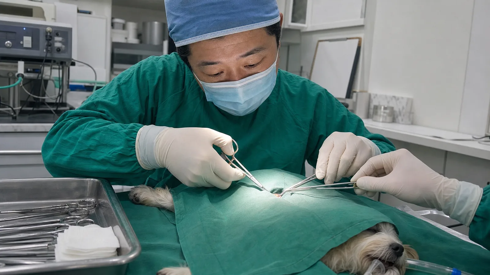 수술복을 입은 수의사가 기구 트레이를 두고 수술을 진행하는 모습